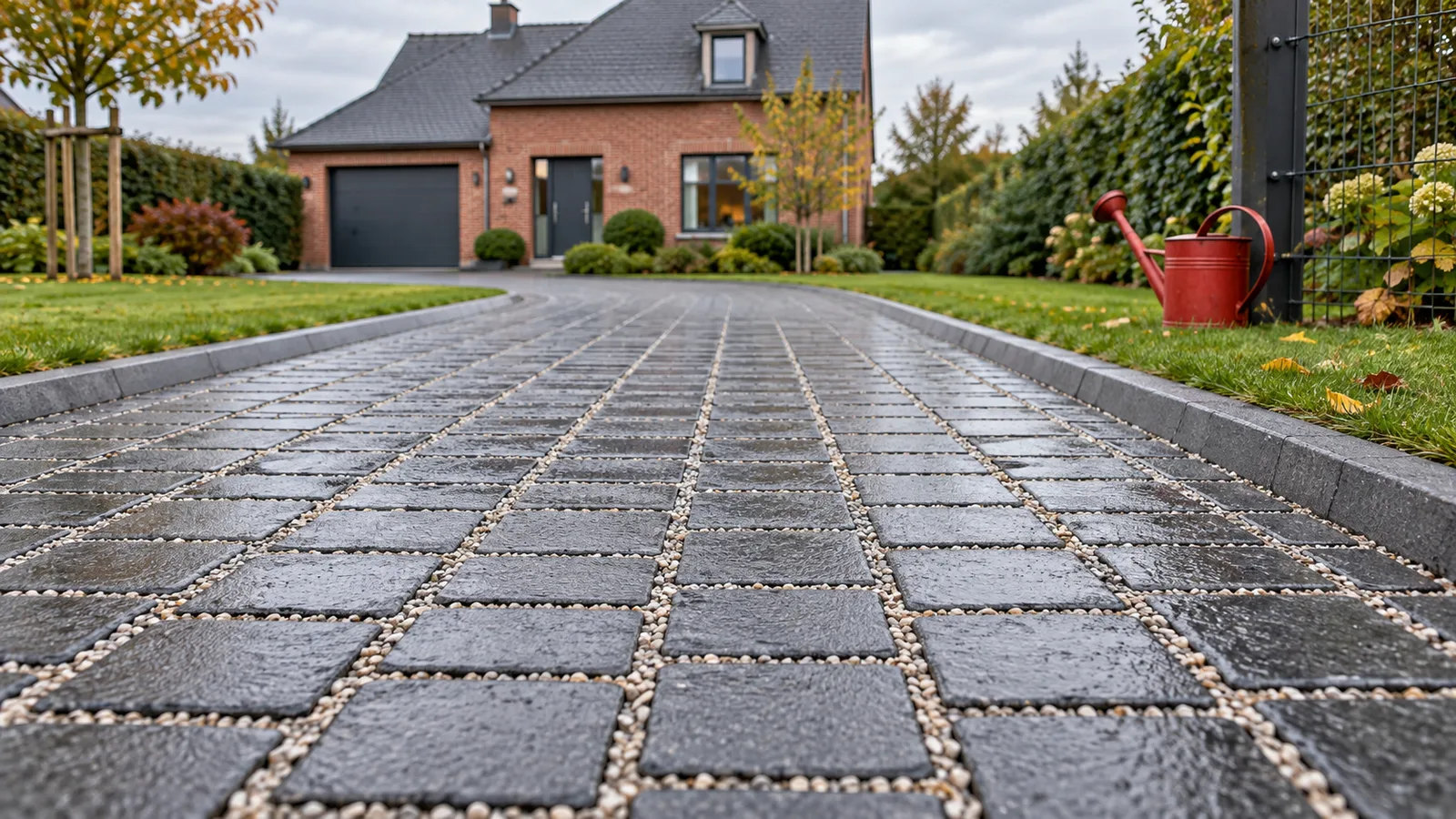 Allée en pavés drainants gris humide après une averse