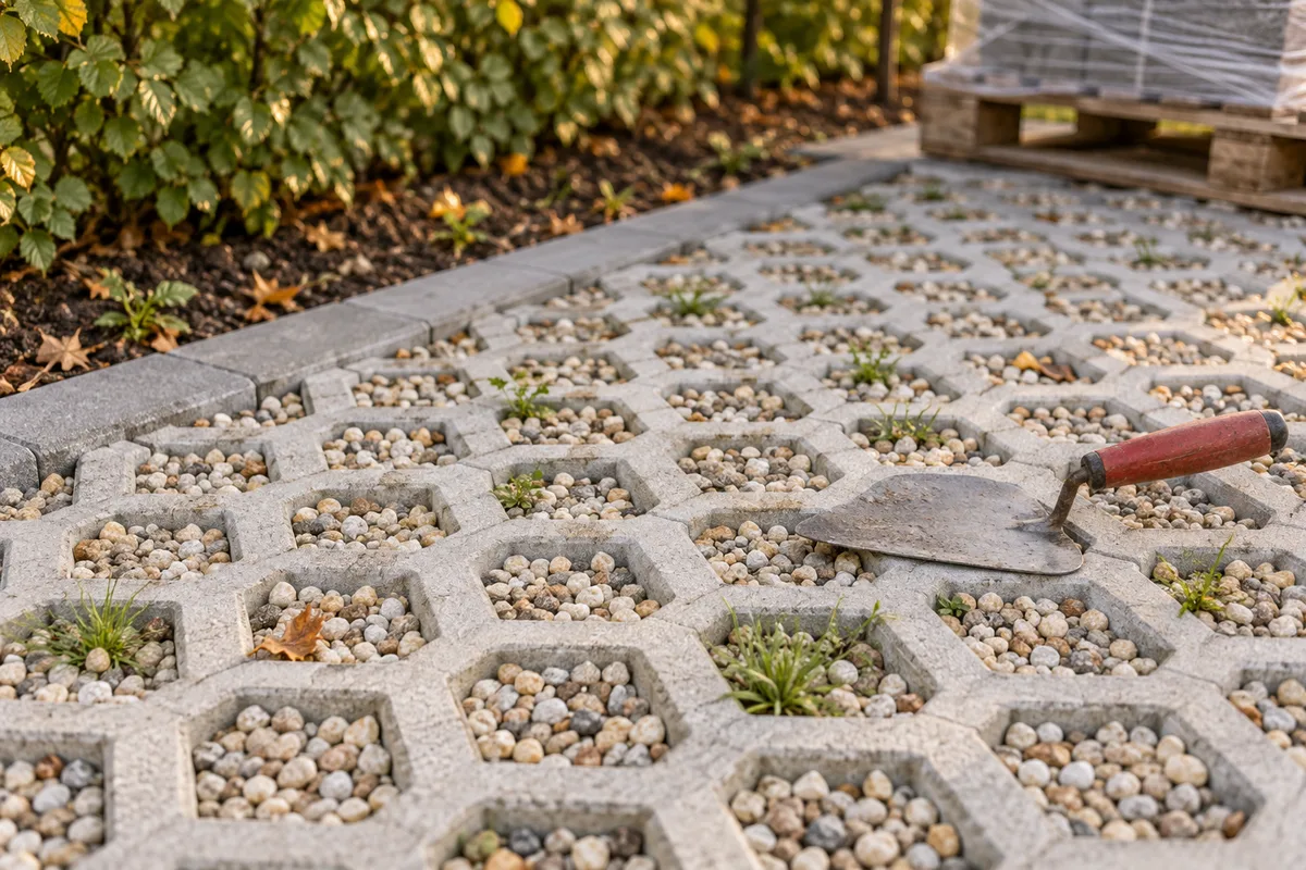 Dalles alvéolées en béton remplies de gravier clair