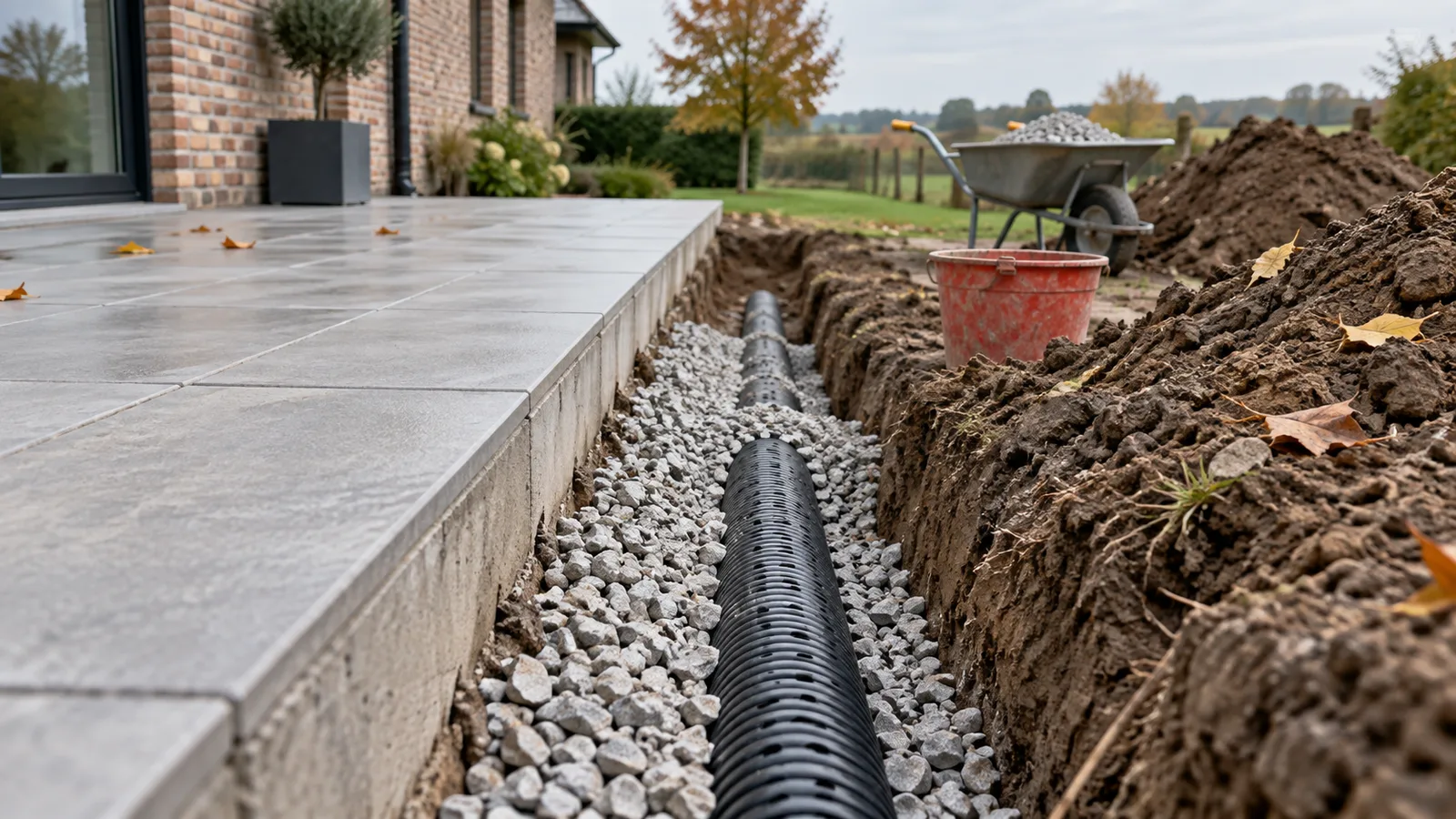 Tranchée drainante avec tuyau perforé enrobé de gravier