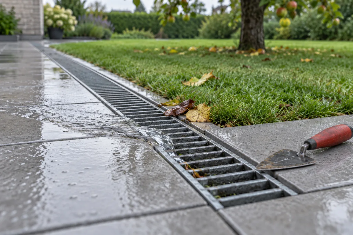 Caniveau à grille évacuant l'eau de pluie d'une terrasse