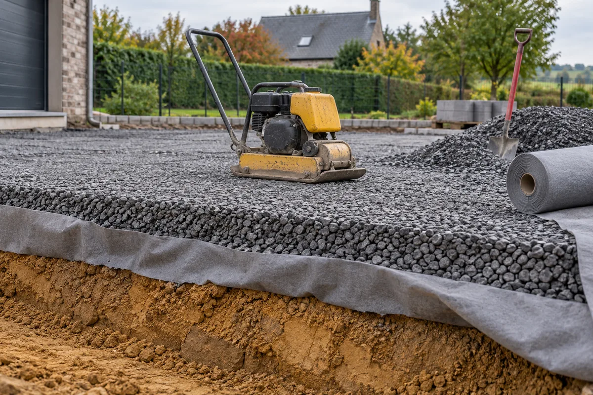 Décaissement de cour avec géotextile, empierrement et plaque vibrante