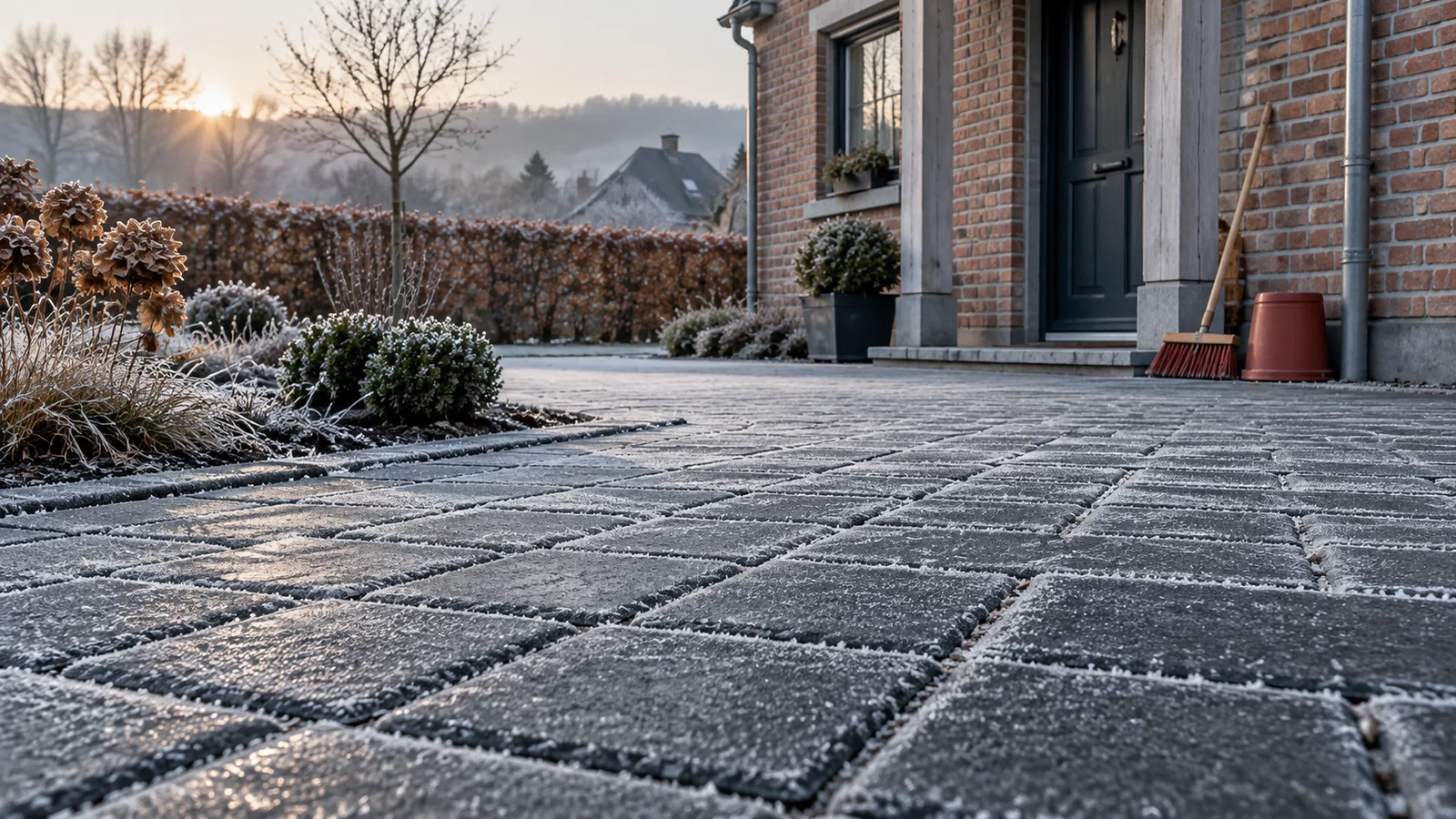 Pavage de terrasse couvert d'une fine pellicule de givre