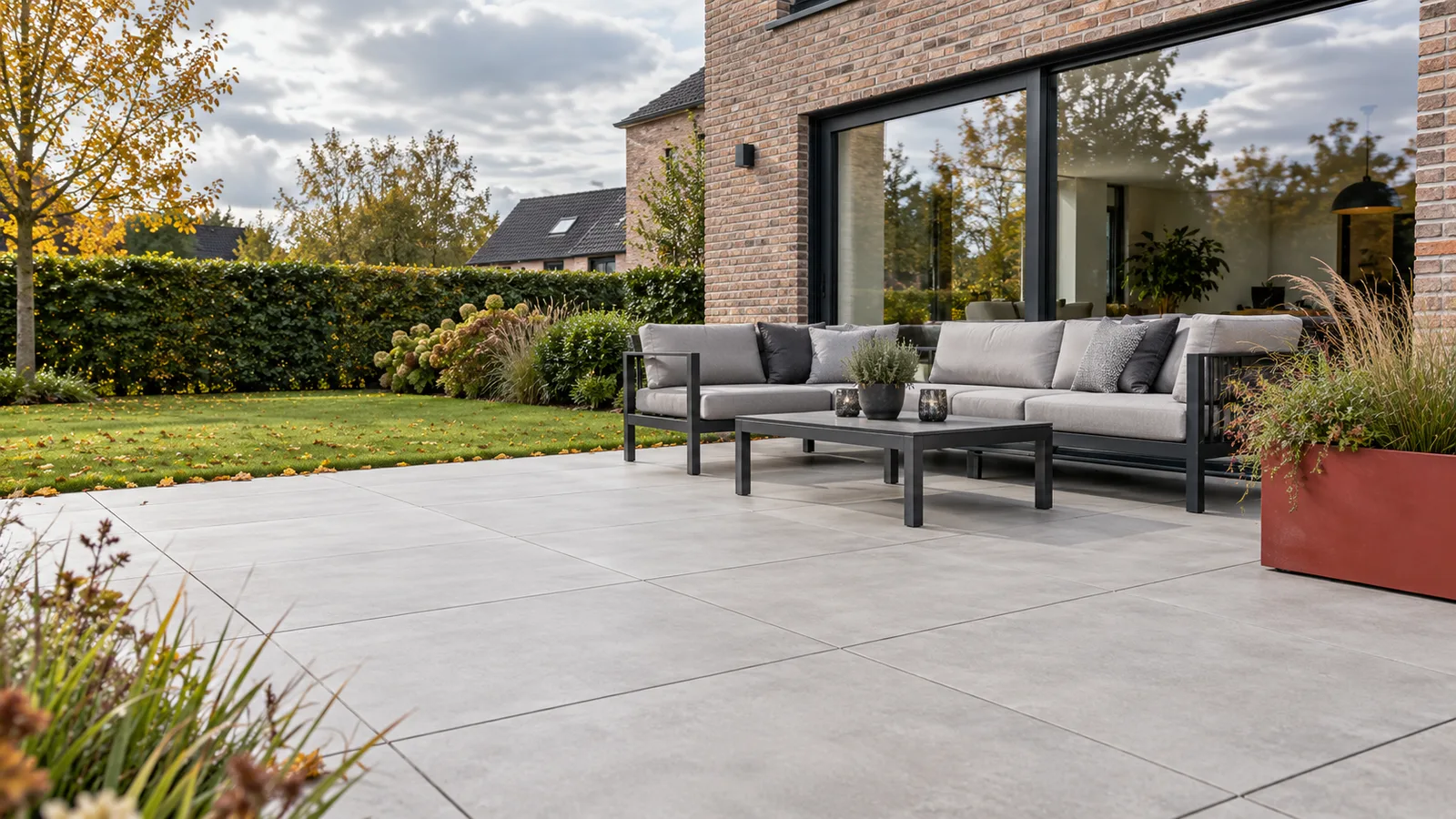 Terrasse en grandes dalles grises avec salon de jardin