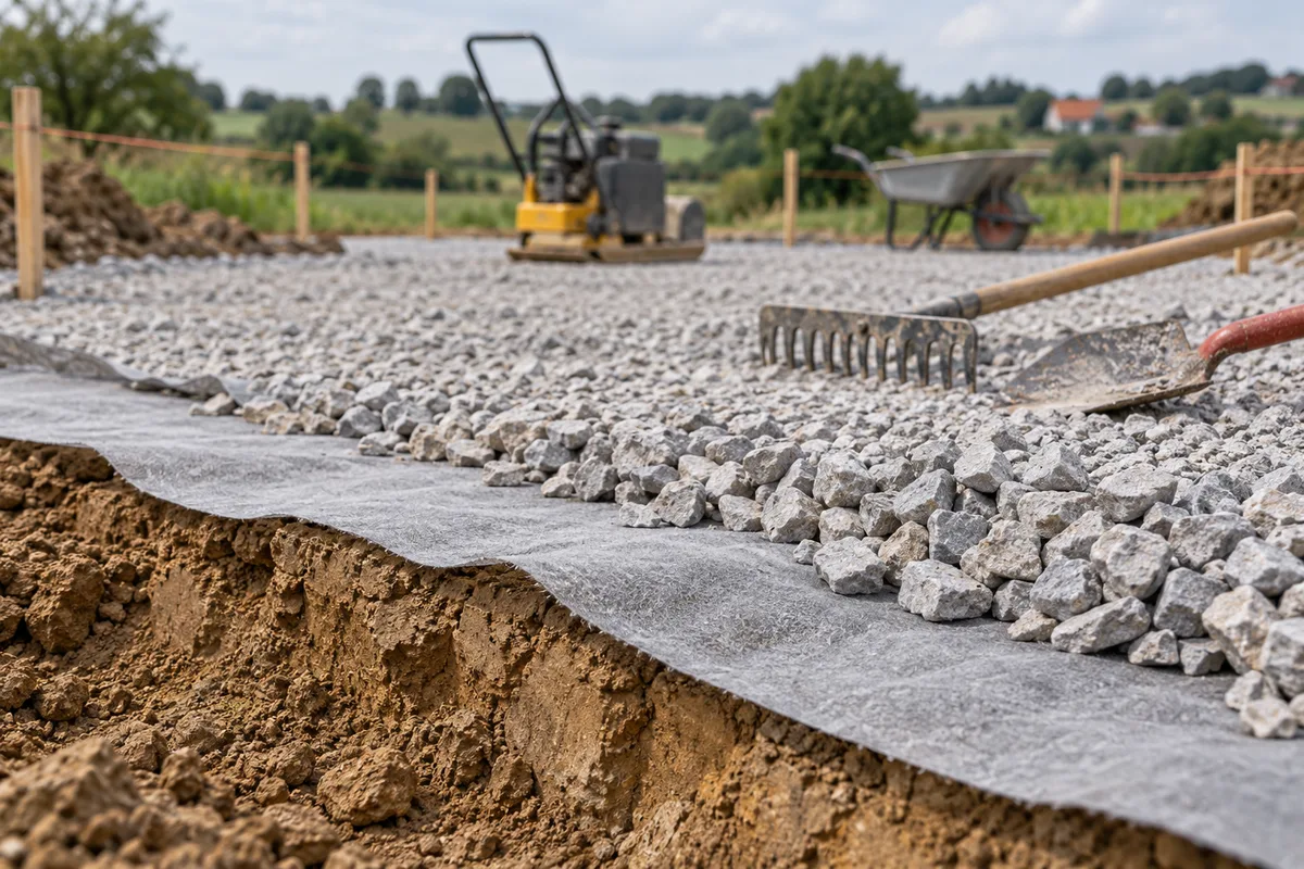 Géotextile déroulé sur la terre et recouvert d'empierrement