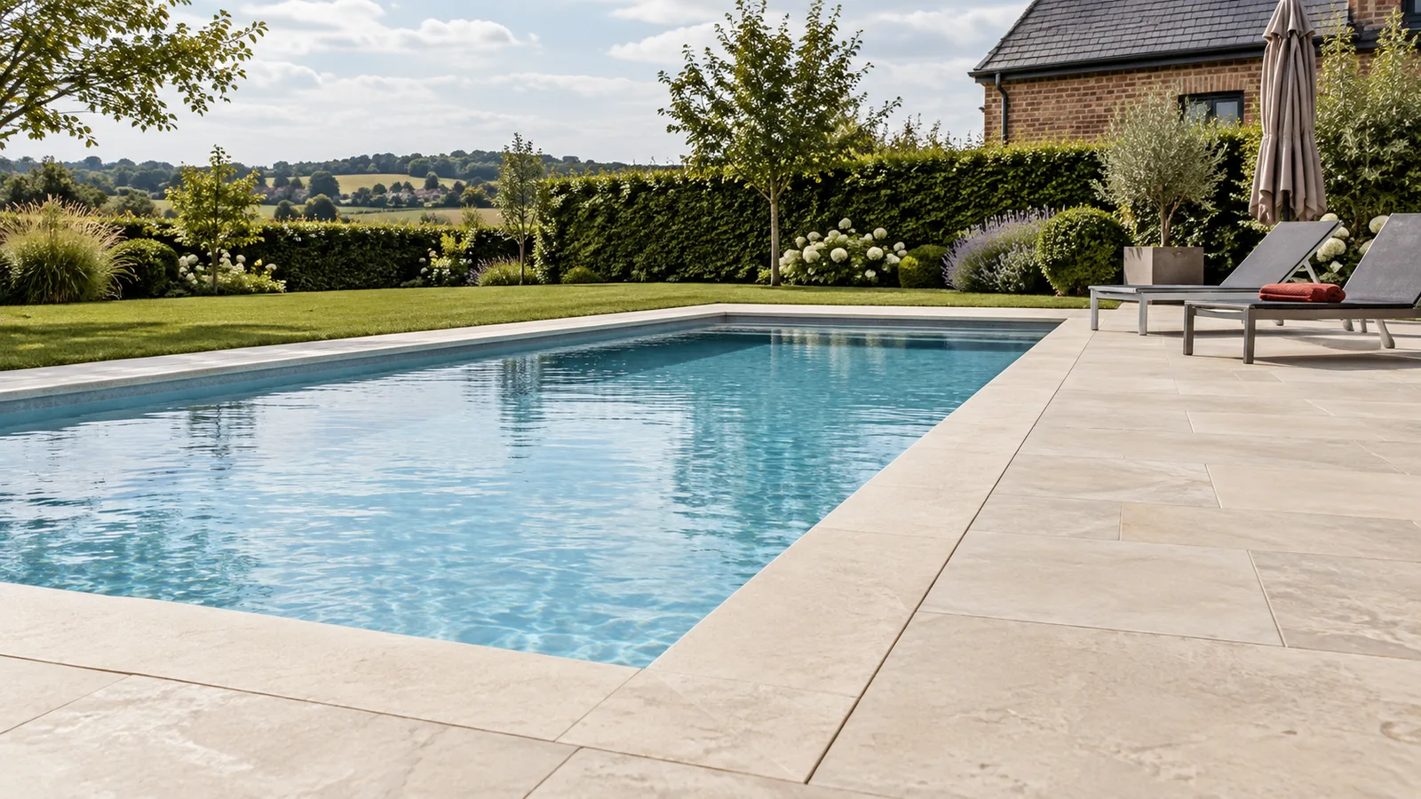 Pourtour de piscine en dalles de pierre beige avec margelles